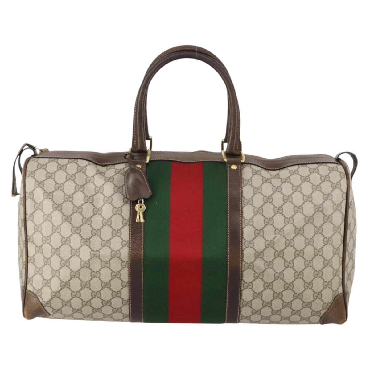 GUCCI GG Supreme Web Sherry Line Boston Bag PVC Beige Gold Auth 152565