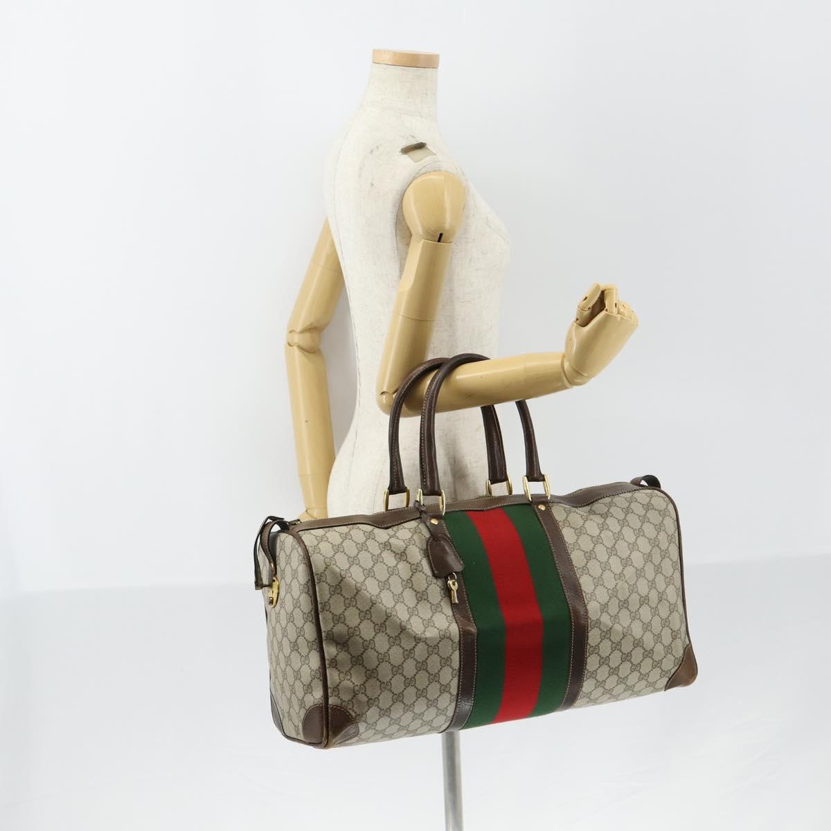 GUCCI GG Supreme Web Sherry Line Boston Bag PVC Beige Gold Auth 152565