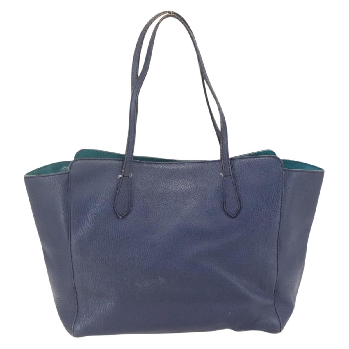 GUCCI Tote Bag Leather Navy Gold 354397 Auth 152574