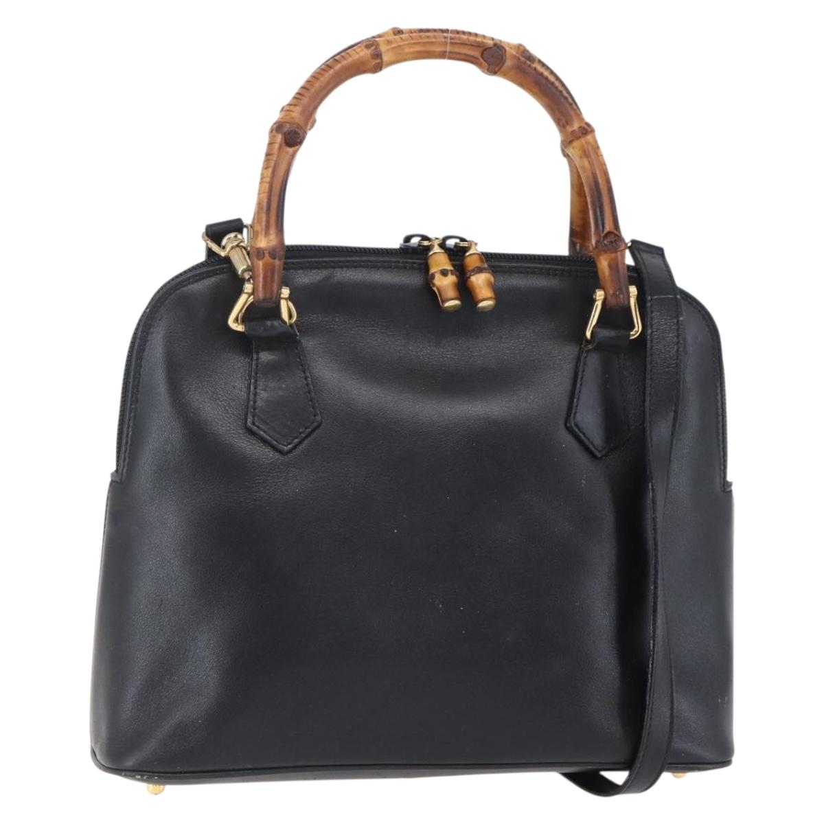 GUCCI Bamboo Hand Bag Leather 2way Black Gold 000 2296 0290 Auth 152576