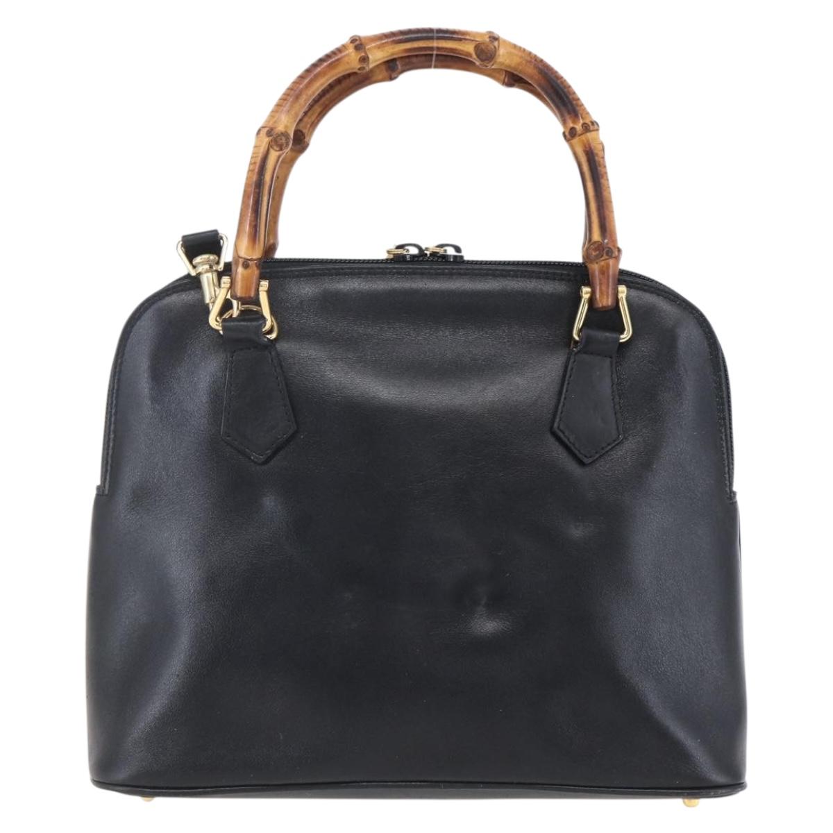 GUCCI Bamboo Hand Bag Leather 2way Black Gold 000 2296 0290 Auth 152576