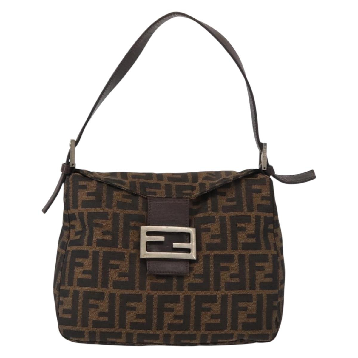 FENDI Zucca Canvas Mamma Baguette Shoulder Bag Black Brown Silver Auth 152586