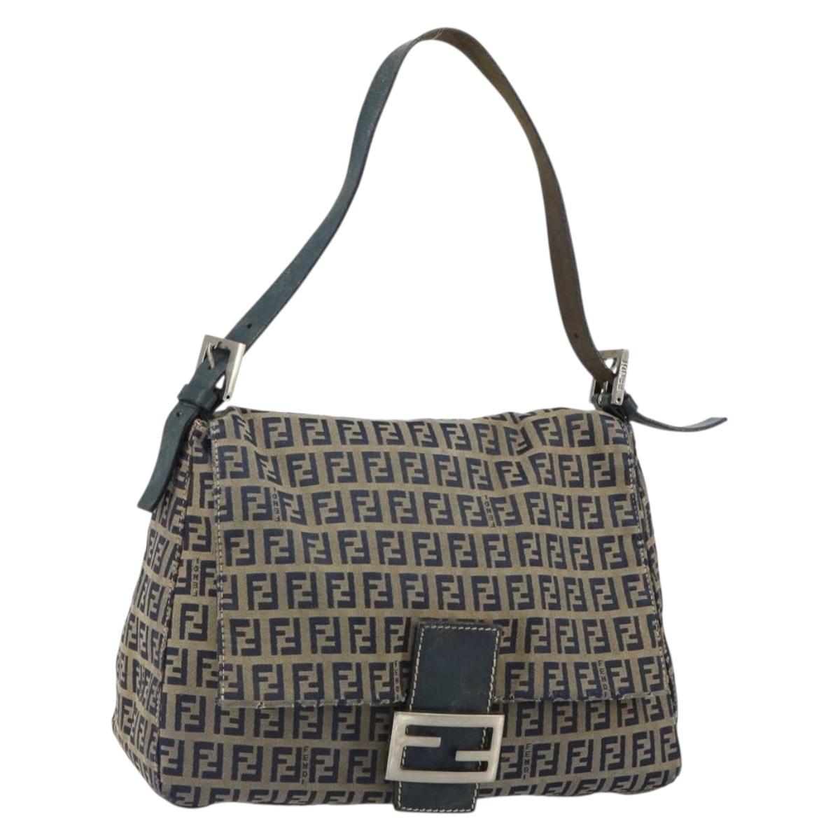 FENDI Zucchino Canvas Mamma Baguette Shoulder Bag Navy Silver Auth 152632