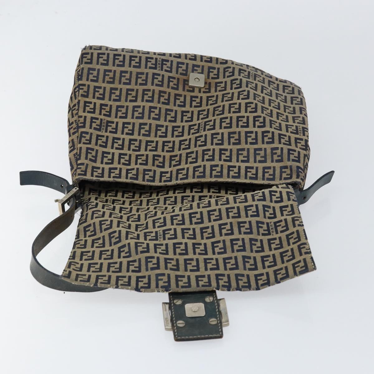 FENDI Zucchino Canvas Mamma Baguette Shoulder Bag Navy Silver Auth 152632