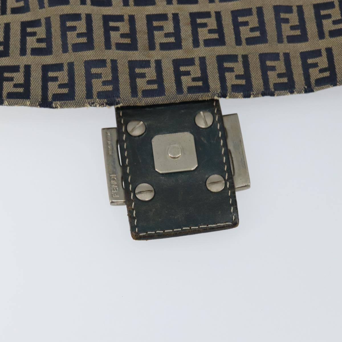 FENDI Zucchino Canvas Mamma Baguette Shoulder Bag Navy Silver Auth 152632