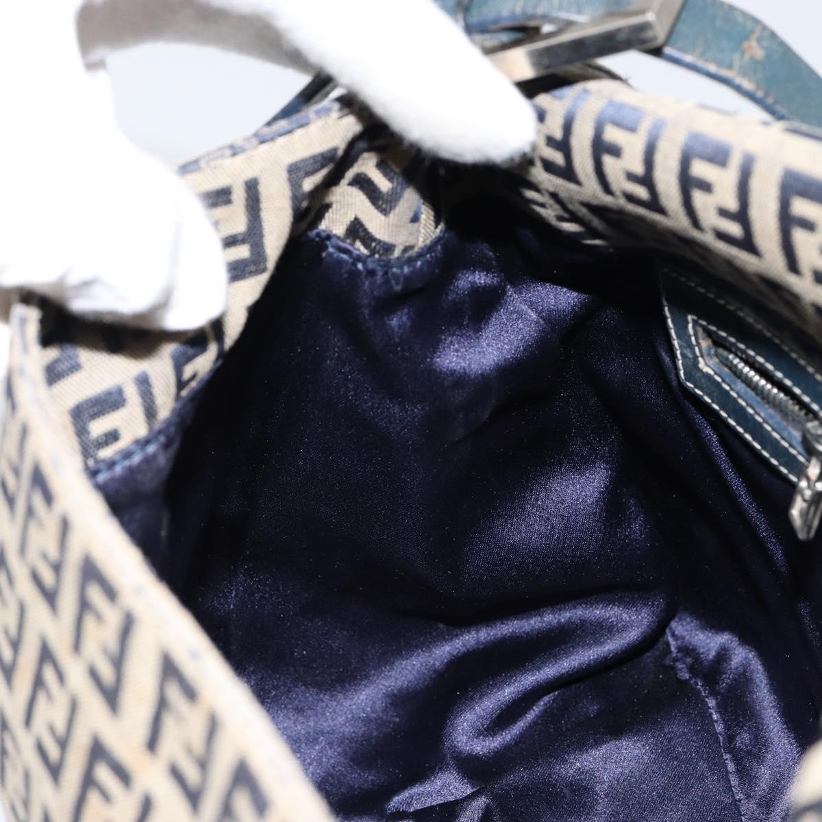 FENDI Zucchino Canvas Mamma Baguette Shoulder Bag Navy Silver Auth 152632
