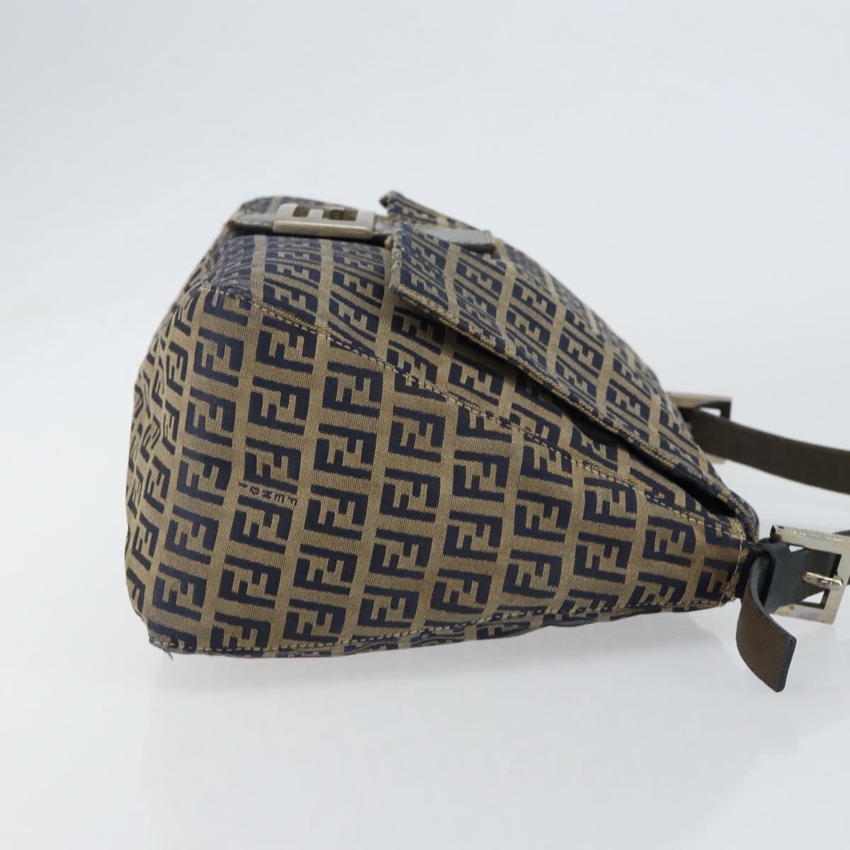 FENDI Zucchino Canvas Mamma Baguette Shoulder Bag Navy Silver Auth 152632