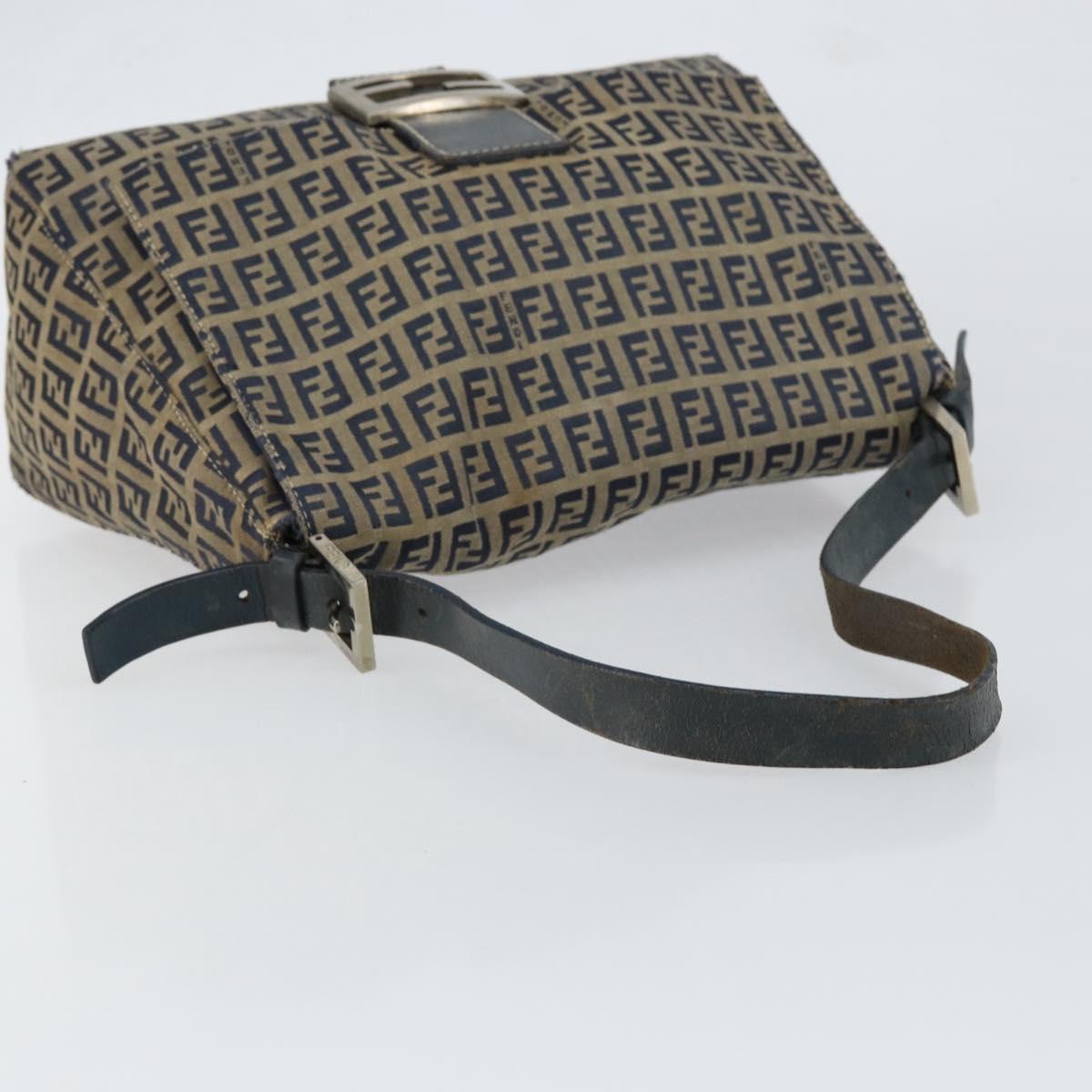 FENDI Zucchino Canvas Mamma Baguette Shoulder Bag Navy Silver Auth 152632