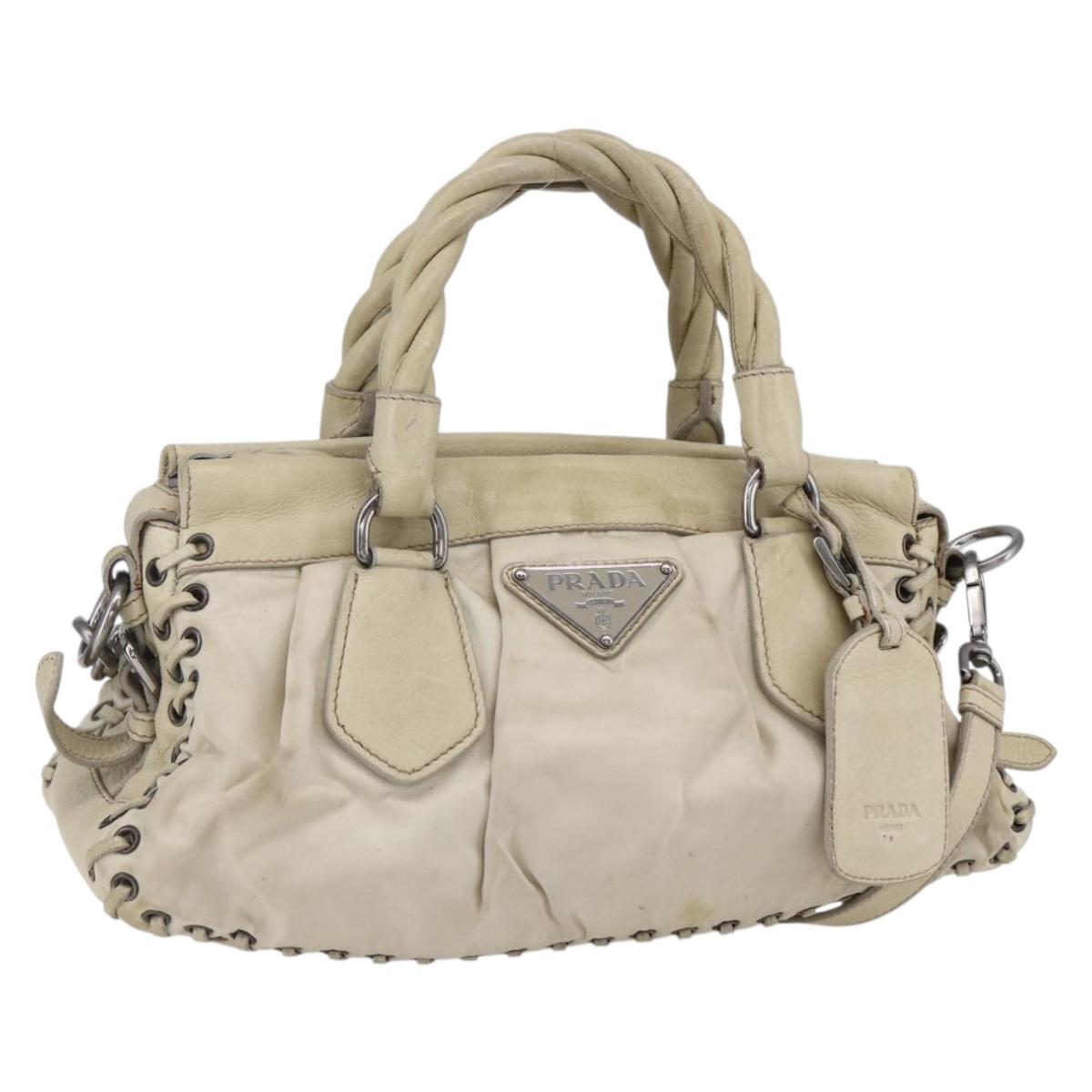 PRADA Hand Bag Nylon Leather 2way Beige Silver Auth 152635