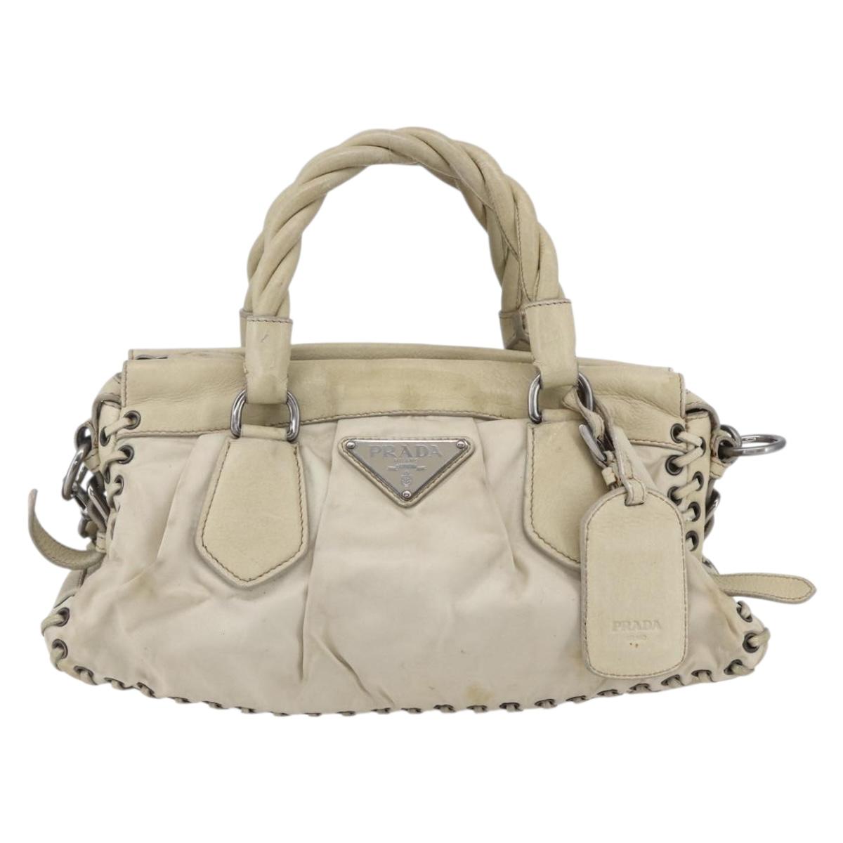 PRADA Hand Bag Nylon Leather 2way Beige Silver Auth 152635