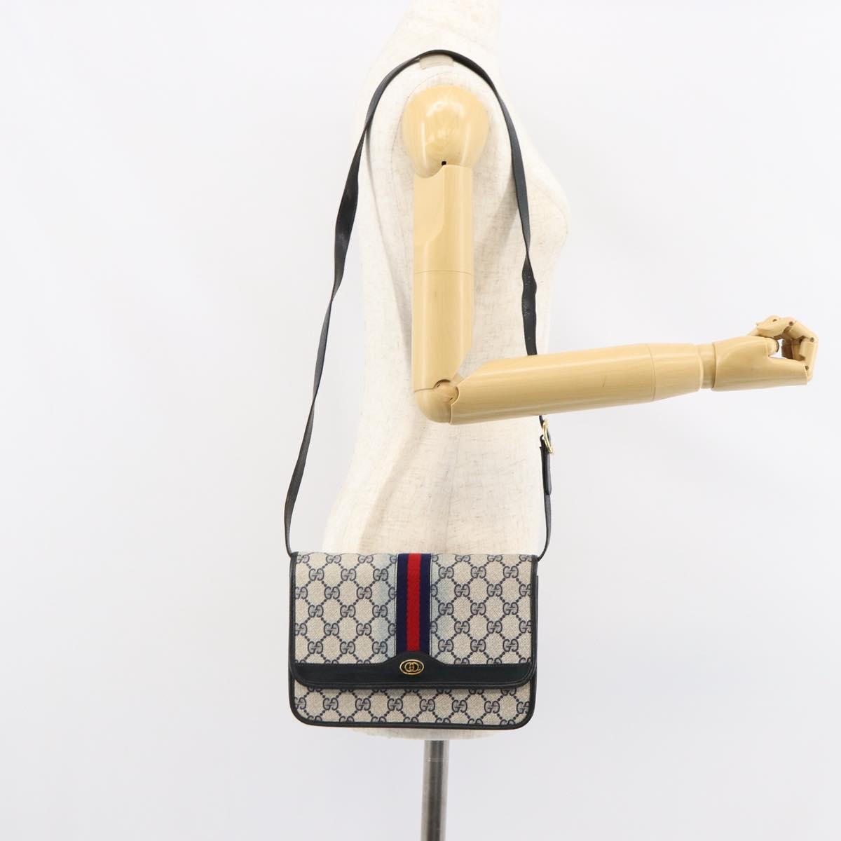 GUCCI GG Supreme Sherry Line Shoulder Bag PVC Navy Gold Red Auth 152645