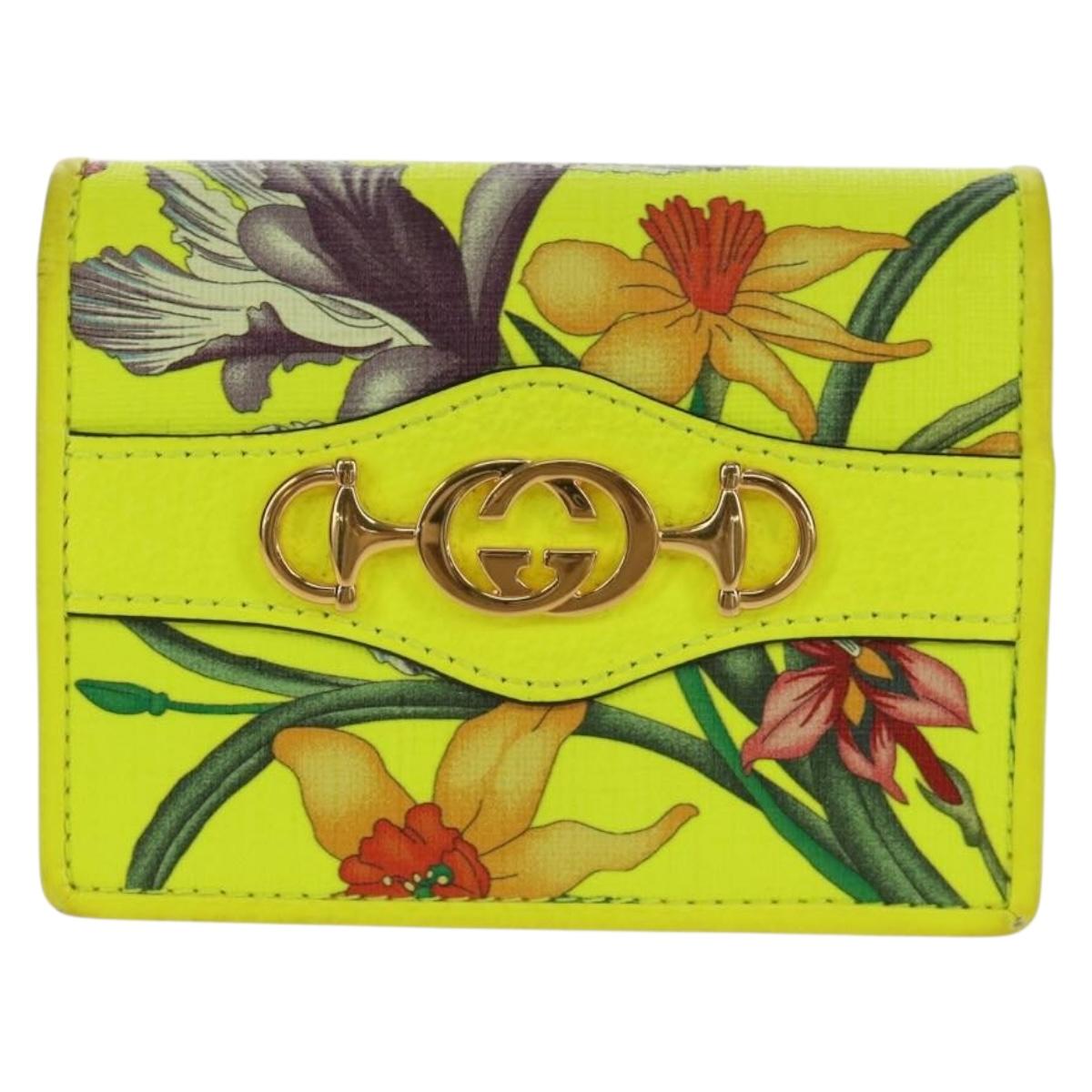 GUCCI Floral Bifold Wallet Leather Yellow 536353 Auth 152674V