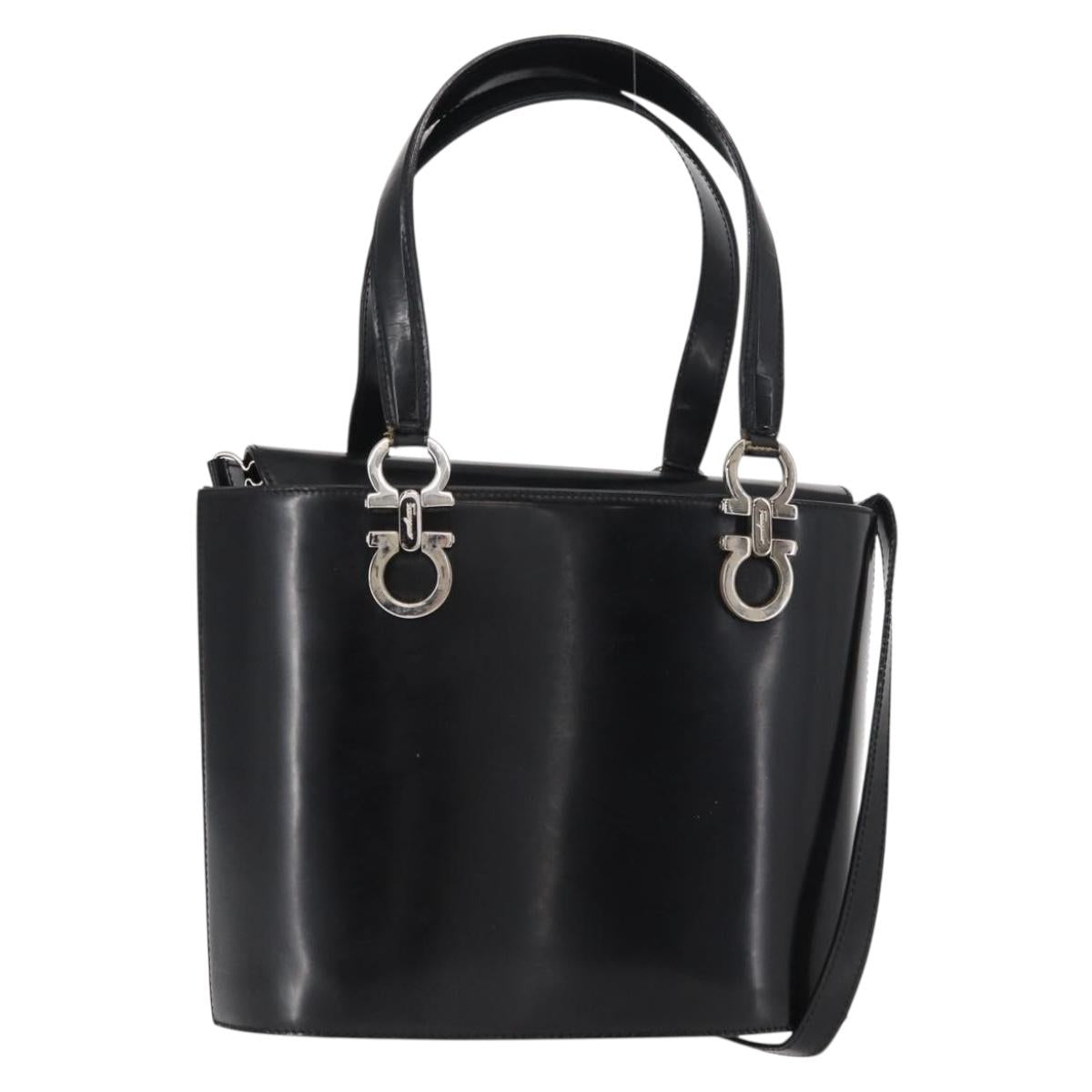 Salvatore Ferragamo Hand Bag Leather 2way Black Silver Auth 152687