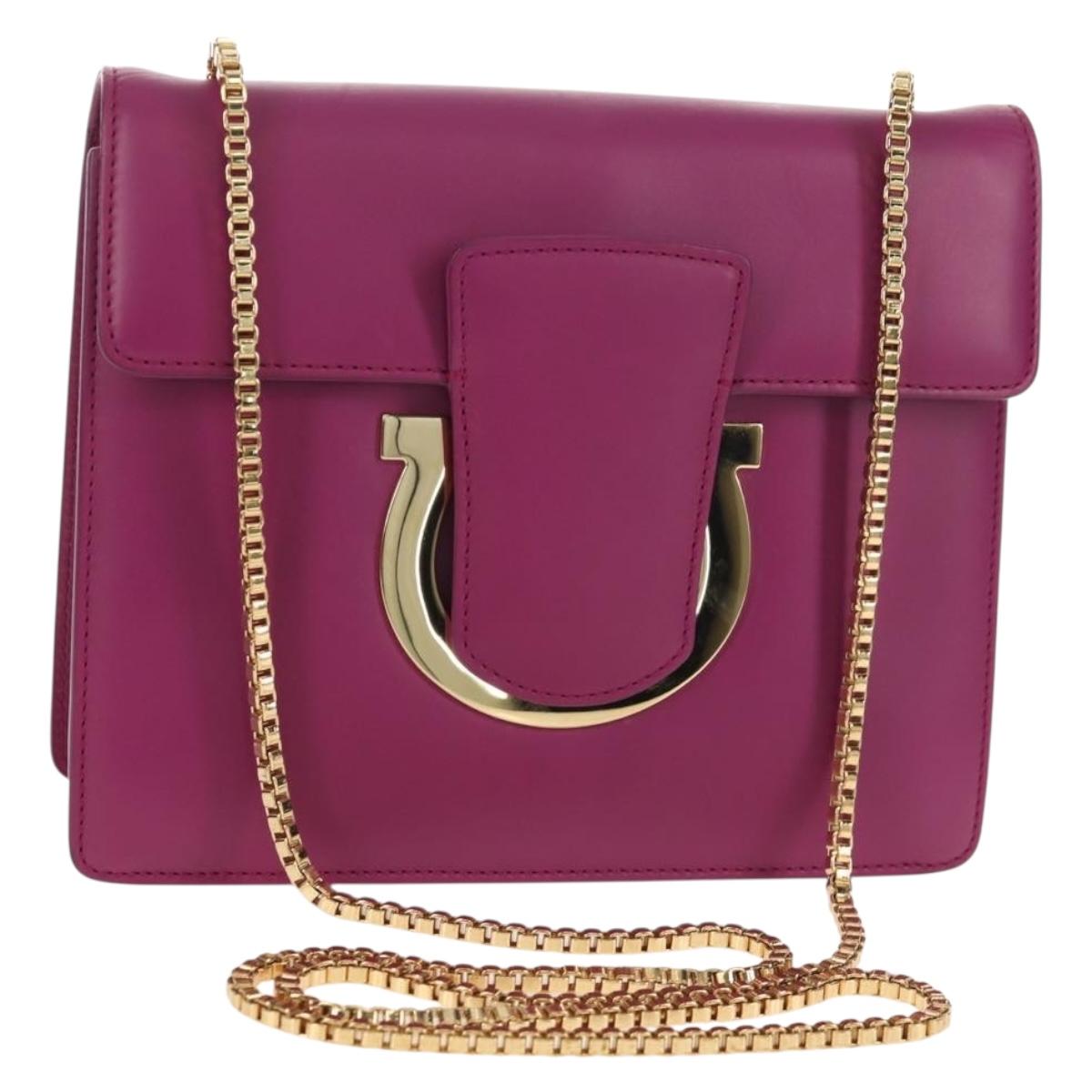 Salvatore Ferragamo Chain Shoulder Bag Leather Purple Gold Auth 152688V