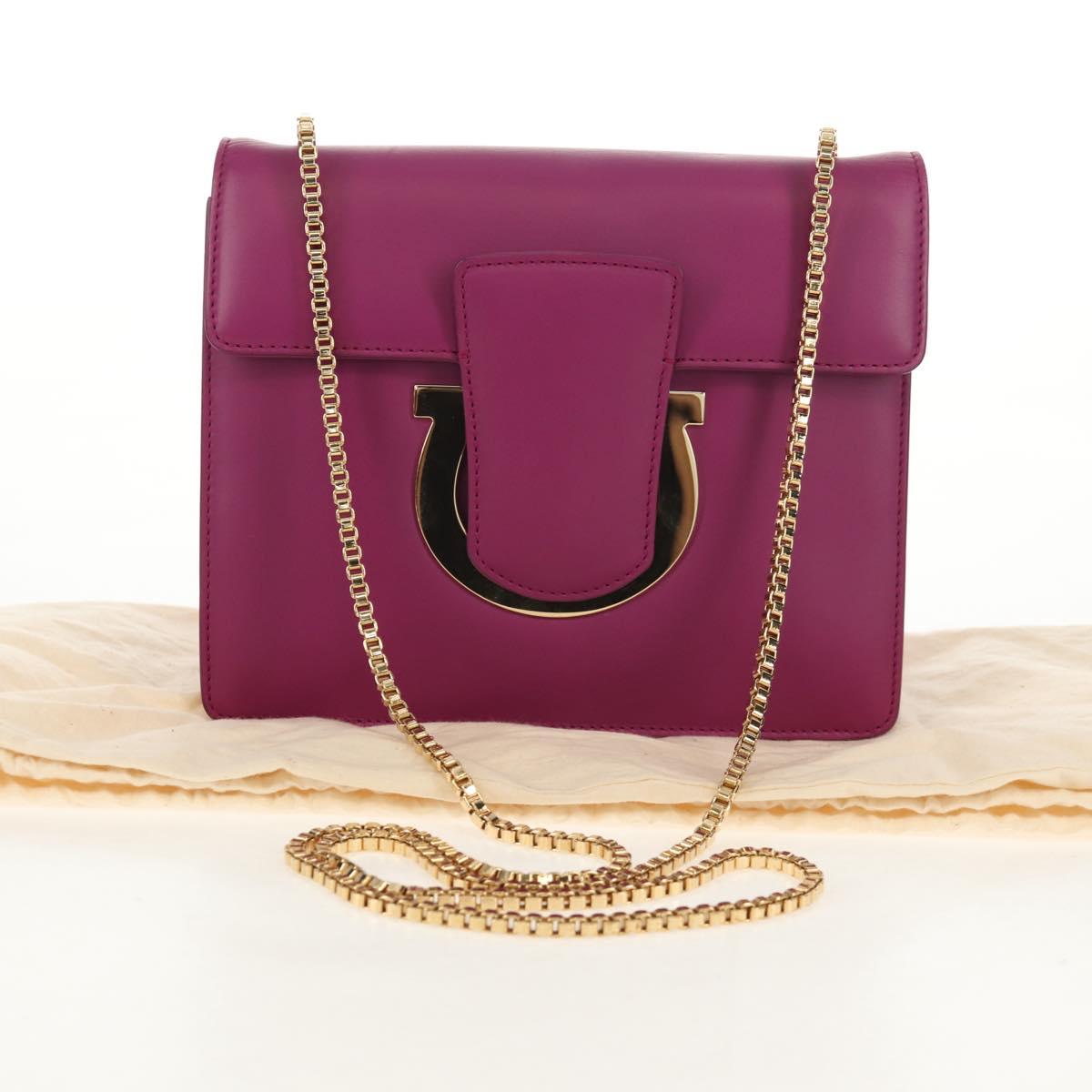 Salvatore Ferragamo Chain Shoulder Bag Leather Purple Gold Auth 152688V