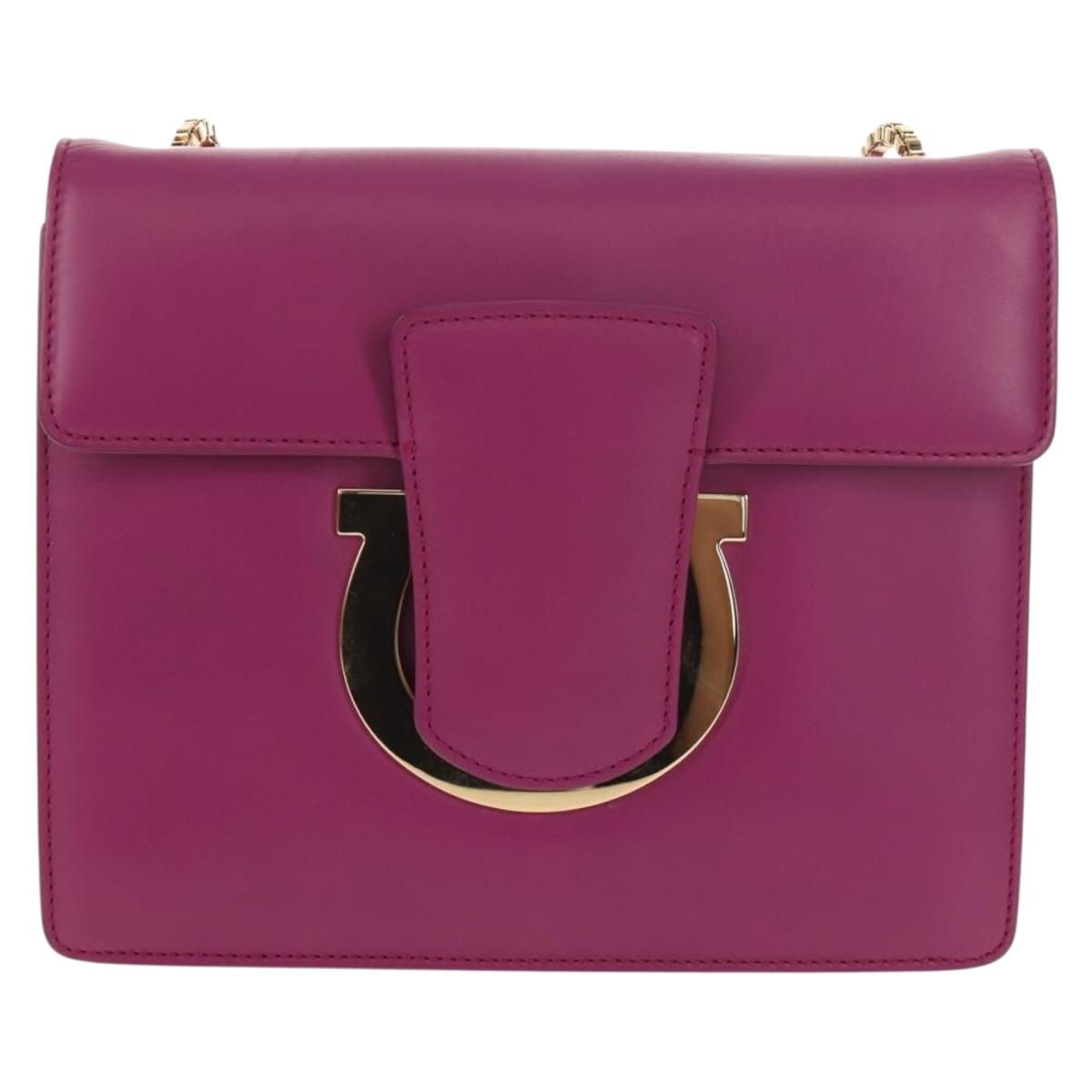 Salvatore Ferragamo Chain Shoulder Bag Leather Purple Gold Auth 152688V