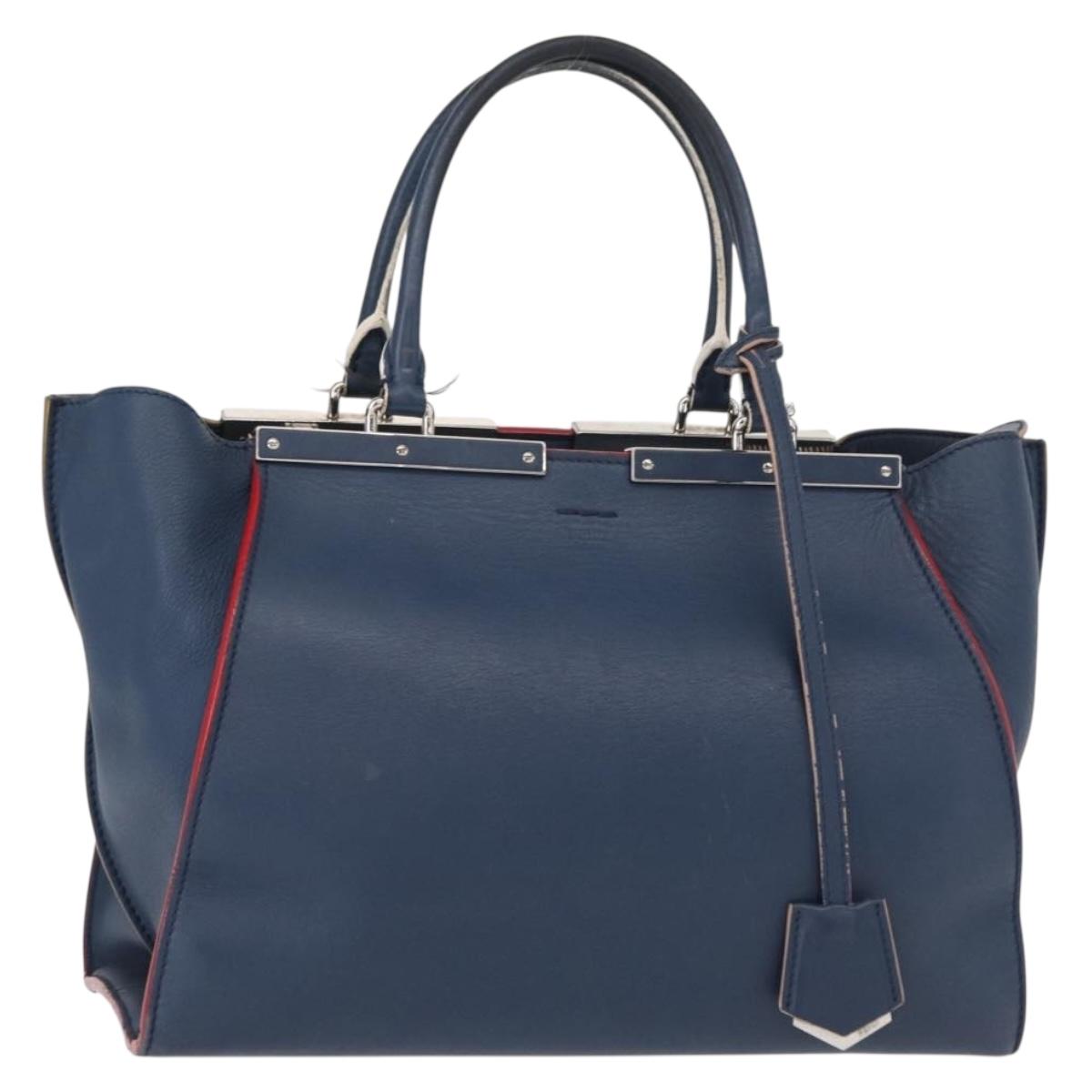 FENDI Trois Jules Hand Bag Leather Navy Silver Auth 152694
