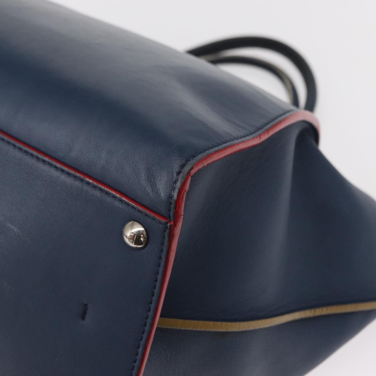 FENDI Trois Jules Hand Bag Leather Navy Silver Auth 152694