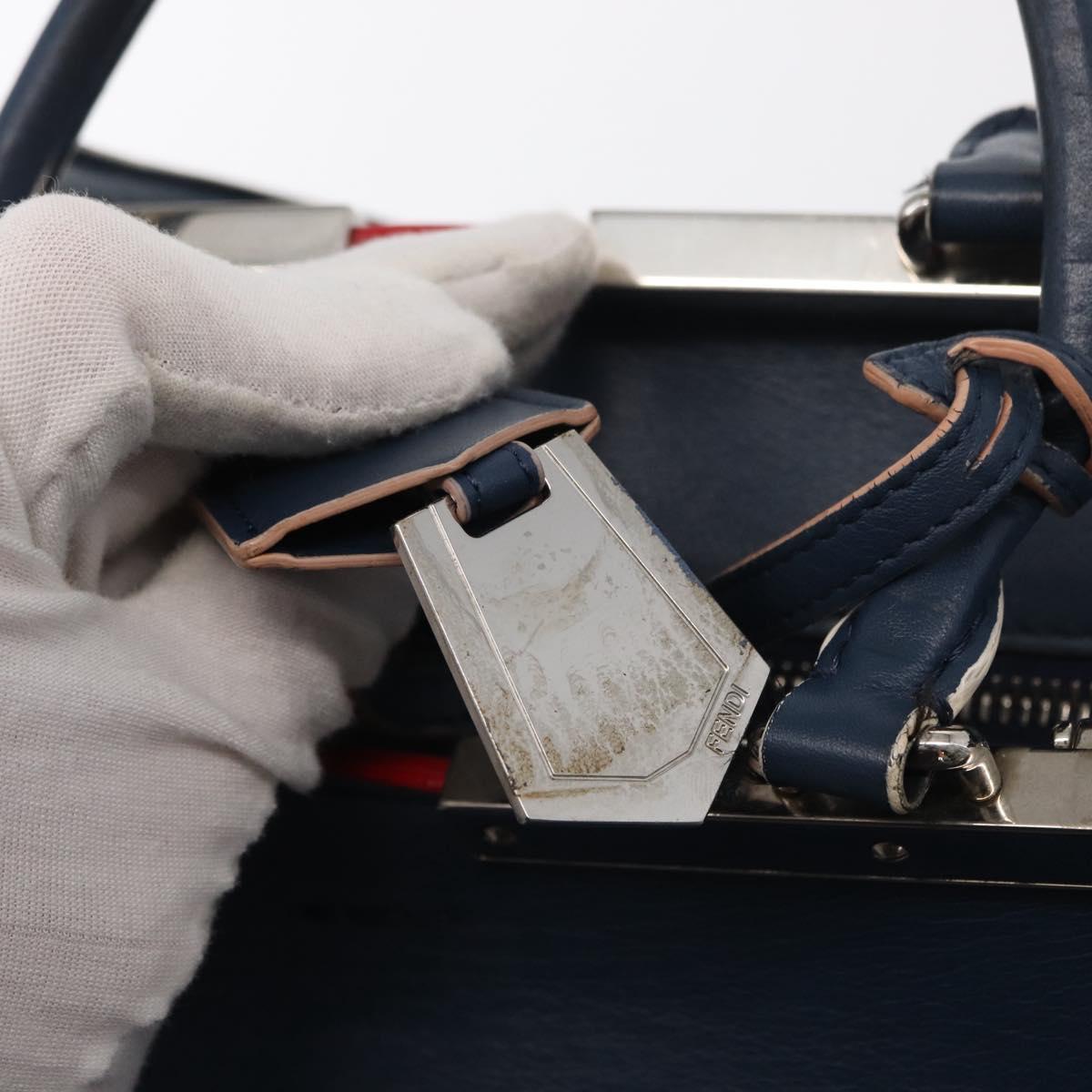 FENDI Trois Jules Hand Bag Leather Navy Silver Auth 152694