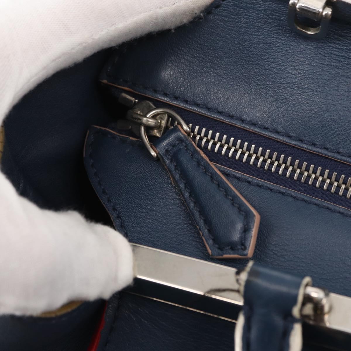 FENDI Trois Jules Hand Bag Leather Navy Silver Auth 152694