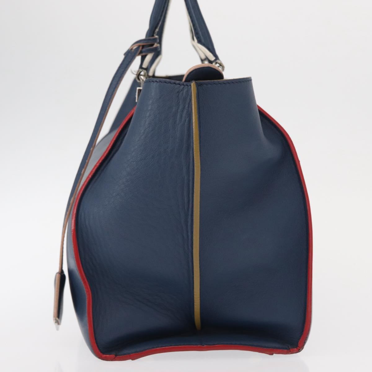 FENDI Trois Jules Hand Bag Leather Navy Silver Auth 152694