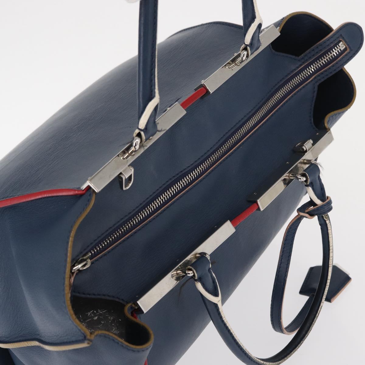 FENDI Trois Jules Hand Bag Leather Navy Silver Auth 152694