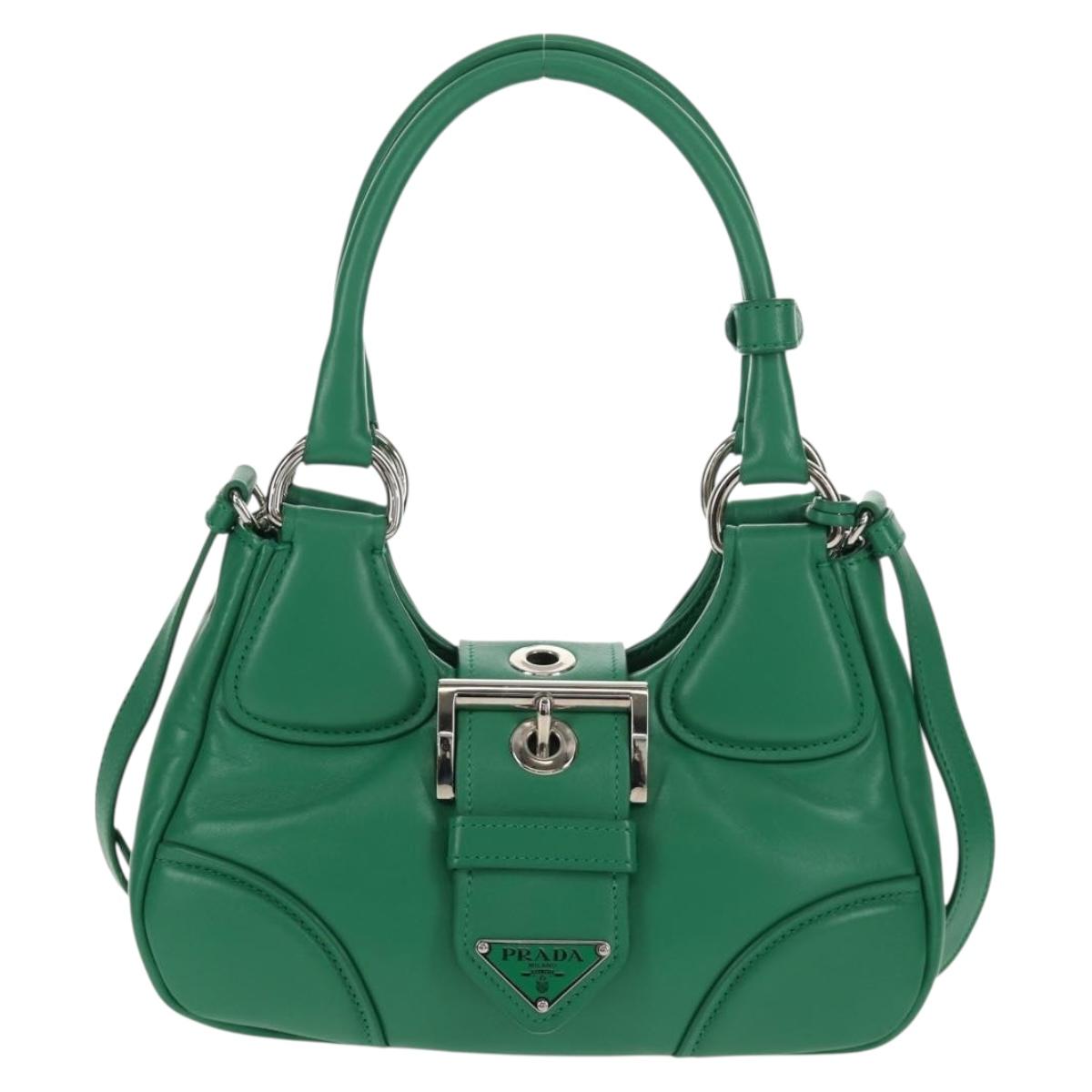 PRADA Moon Bag Hand Bag Leather 2way Green Silver Auth 152696SAM