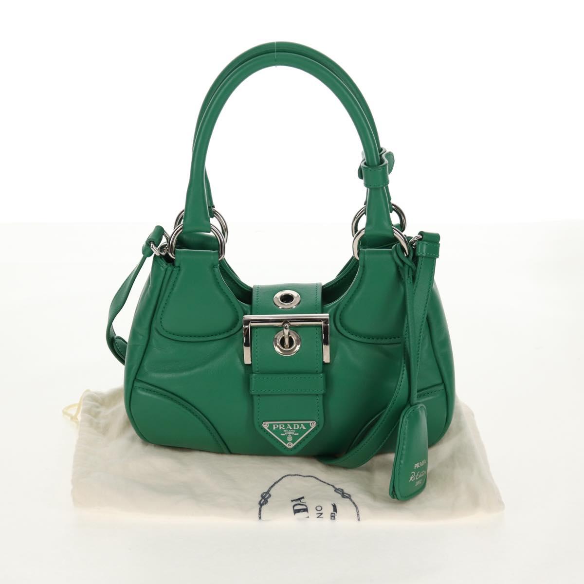 PRADA Moon Bag Hand Bag Leather 2way Green Silver Auth 152696SAM