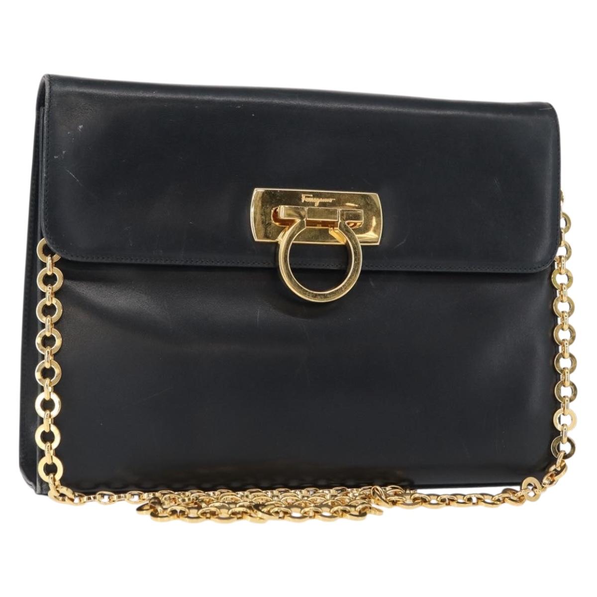 Salvatore Ferragamo Gancini Chain Shoulder Bag Leather Navy Gold Auth 152720