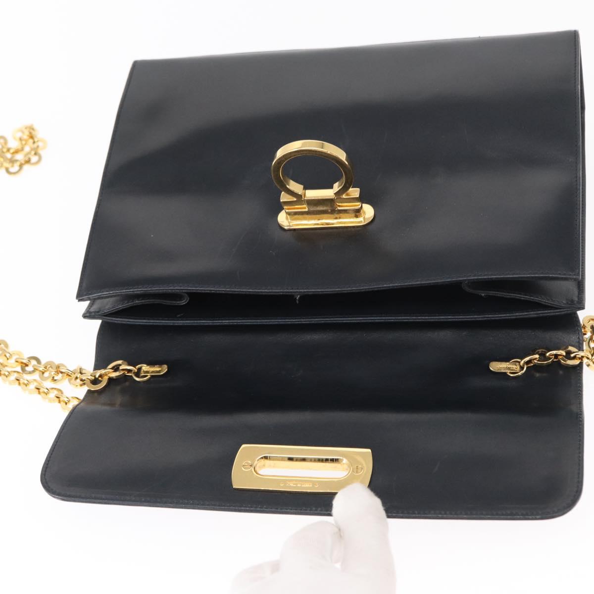 Salvatore Ferragamo Gancini Chain Shoulder Bag Leather Navy Gold Auth 152720