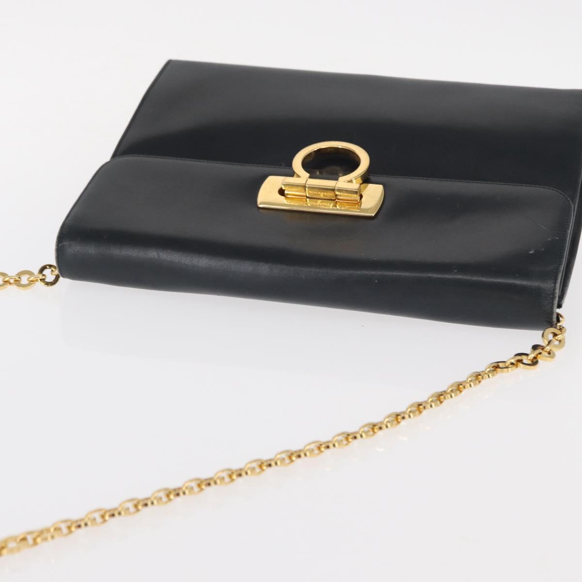 Salvatore Ferragamo Gancini Chain Shoulder Bag Leather Navy Gold Auth 152720