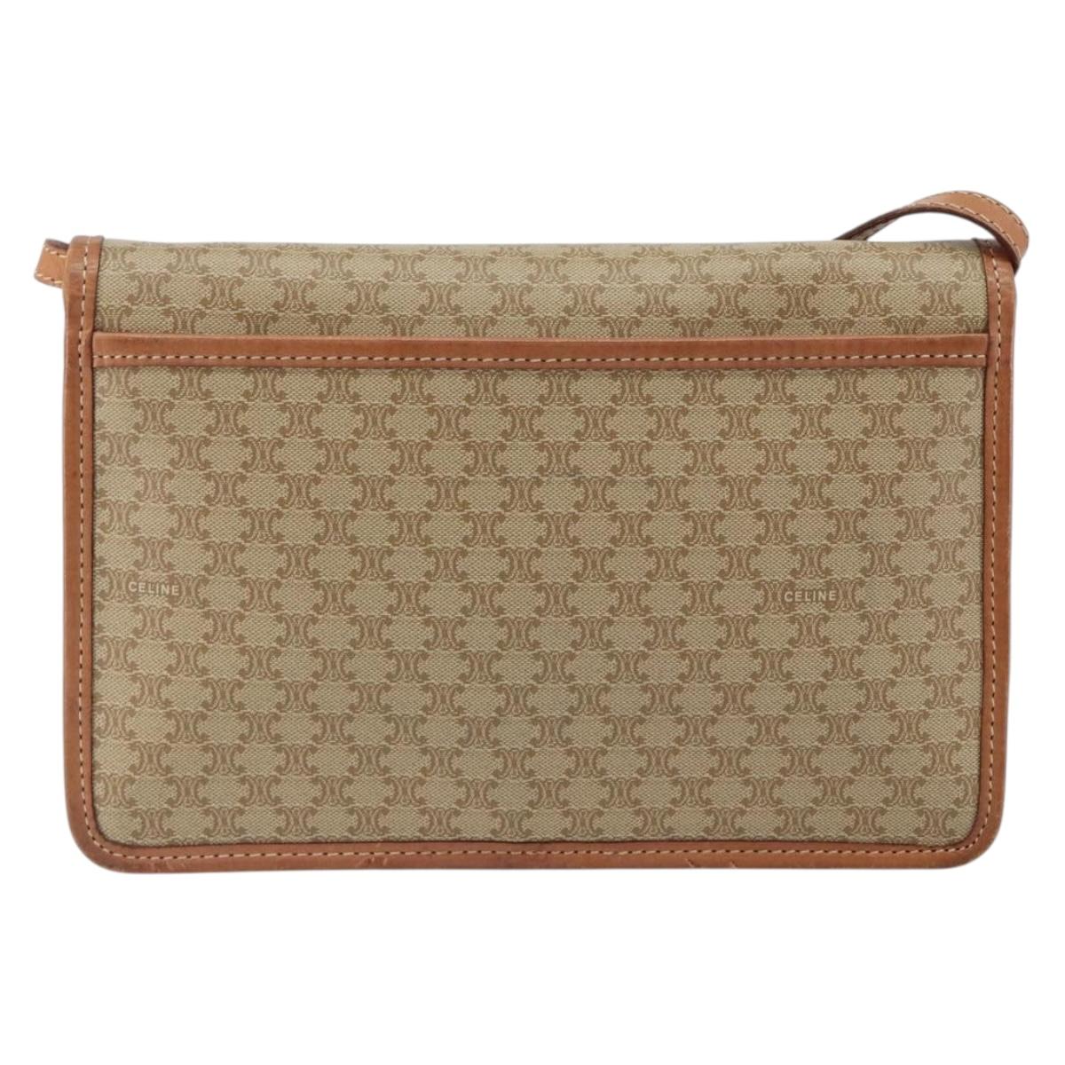 CELINE Macadam Canvas Shoulder Bag PVC Leather Beige Gold Auth 152722