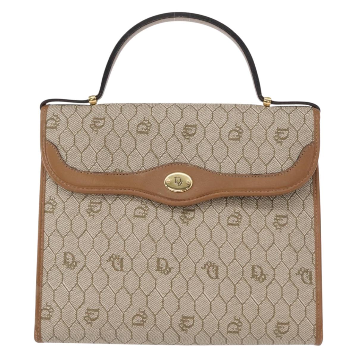 Christian Dior Honeycomb Canvas Hand Bag PVC Leather Beige Gold Auth 152727