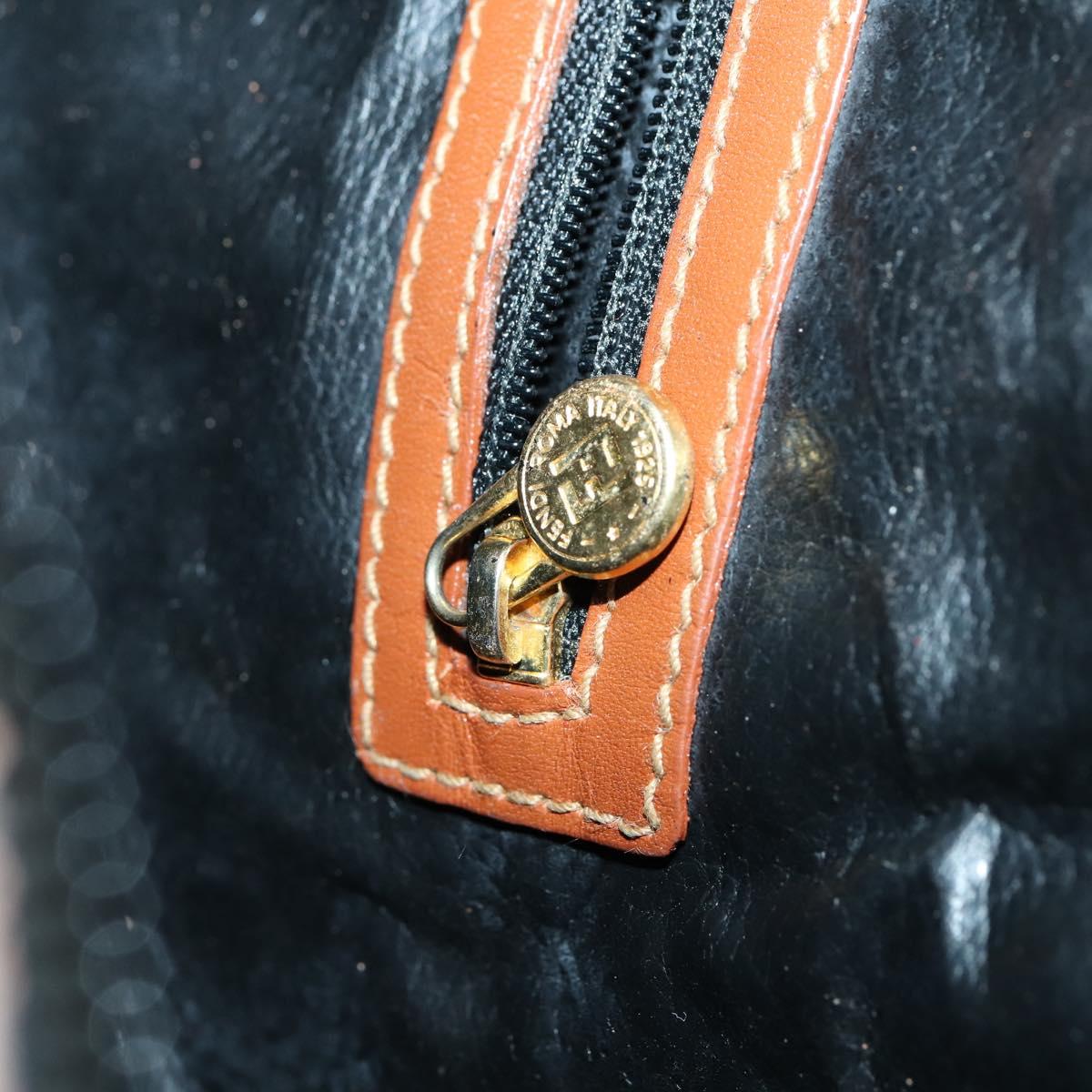 FENDI Pecan Canvas Boston Bag PVC Black Brown gold Auth 152730