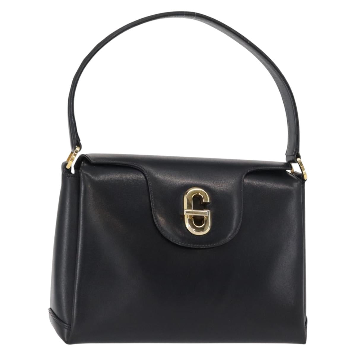 GUCCI Shoulder Bag Leather Navy Gold Auth 152739