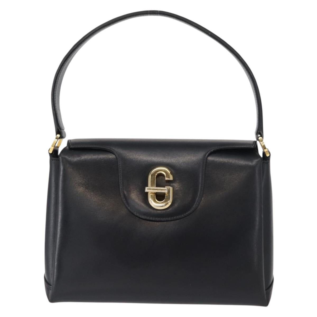 GUCCI Shoulder Bag Leather Navy Gold Auth 152739