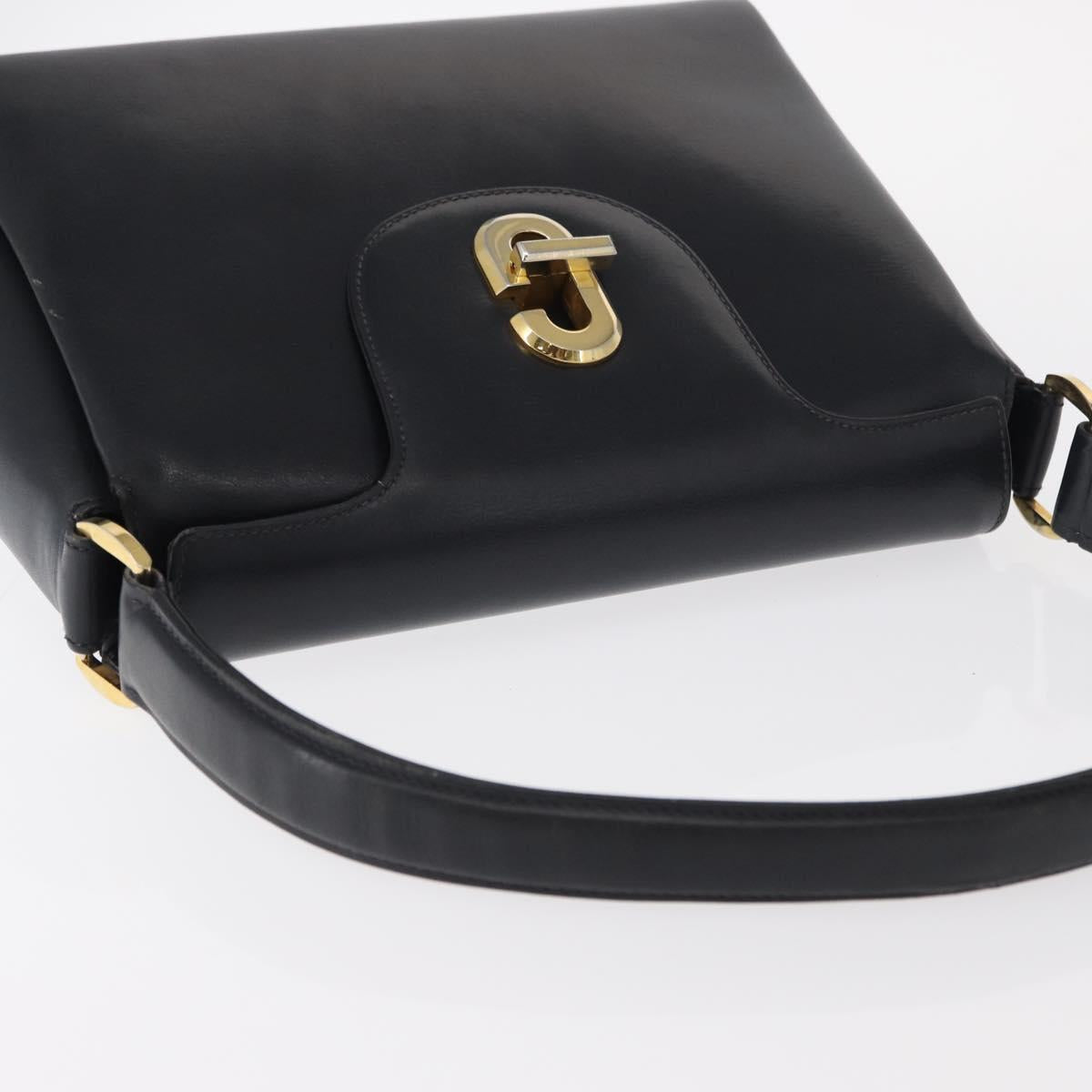 GUCCI Shoulder Bag Leather Navy Gold Auth 152739
