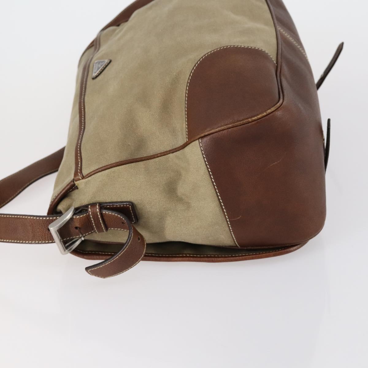 PRADA Shoulder Bag Canvas Leather Beige Brown Silver Auth 152823