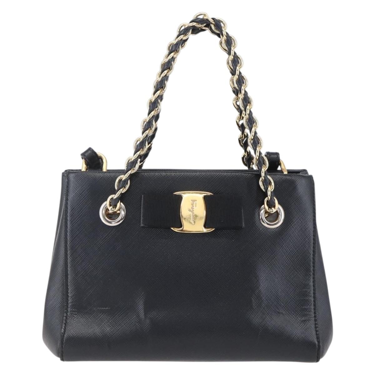 Salvatore Ferragamo Vala Shoulder Bag Leather 2way Black Gold Silver Auth 152825