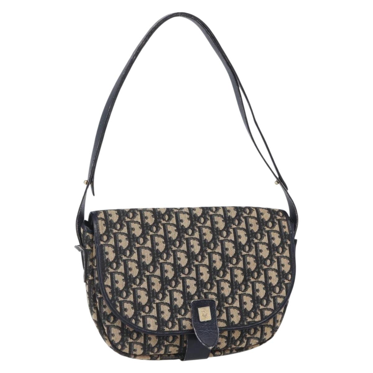 Christian Dior Trotter Canvas Shoulder Bag Navy Gold Auth 152835
