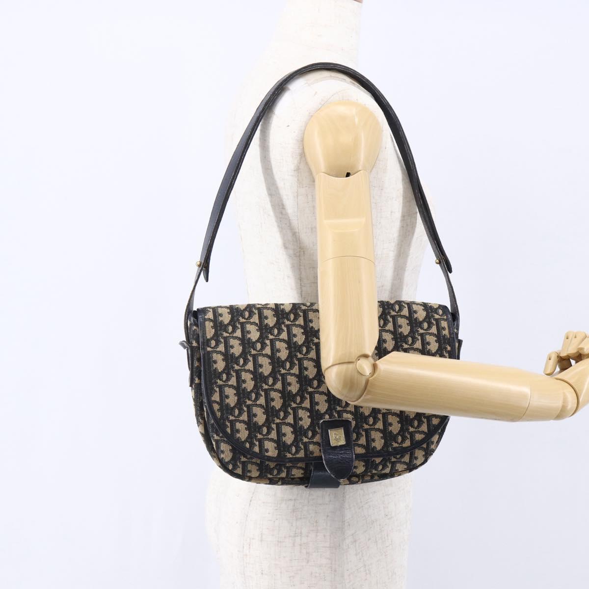 Christian Dior Trotter Canvas Shoulder Bag Navy Gold Auth 152835