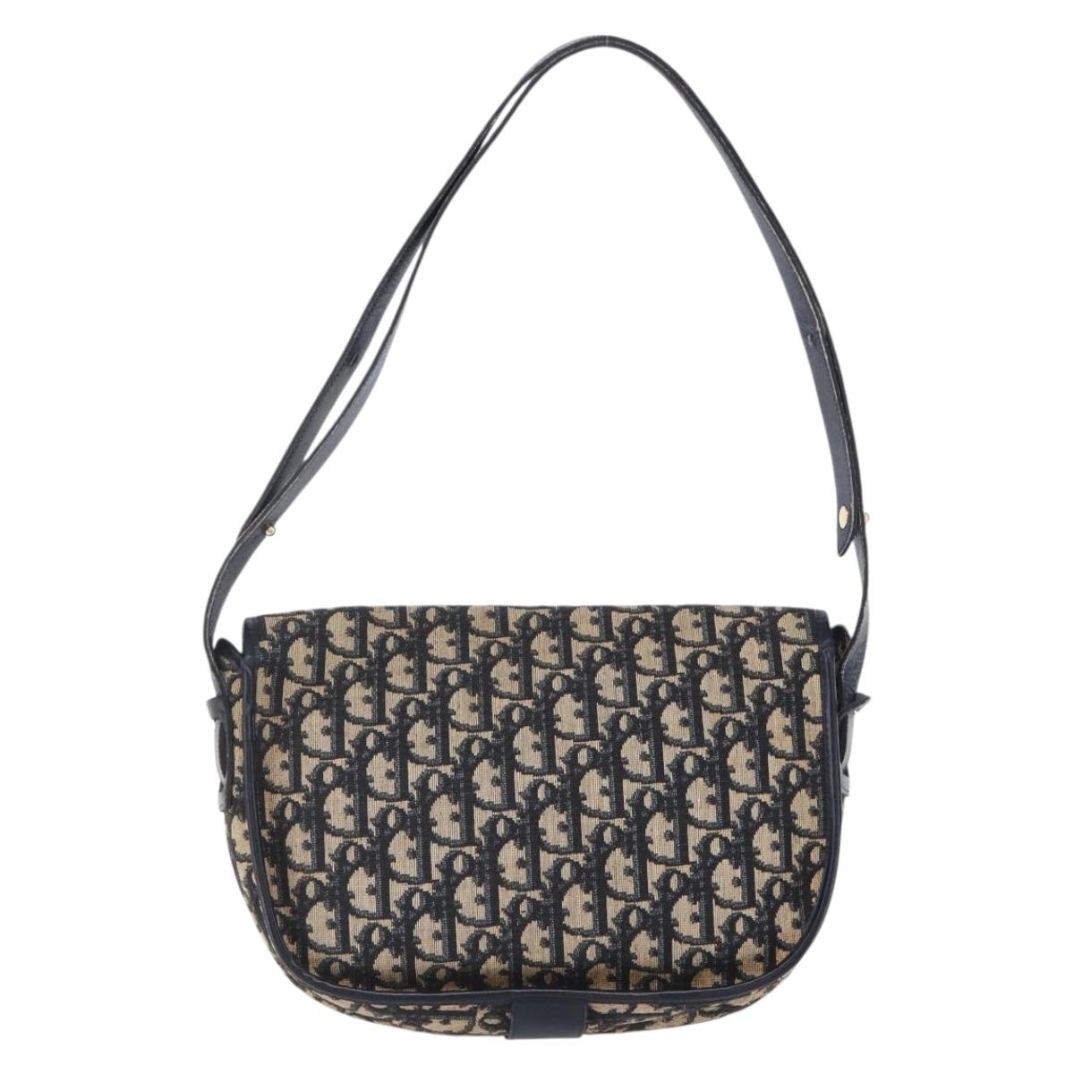 Christian Dior Trotter Canvas Shoulder Bag Navy Gold Auth 152835
