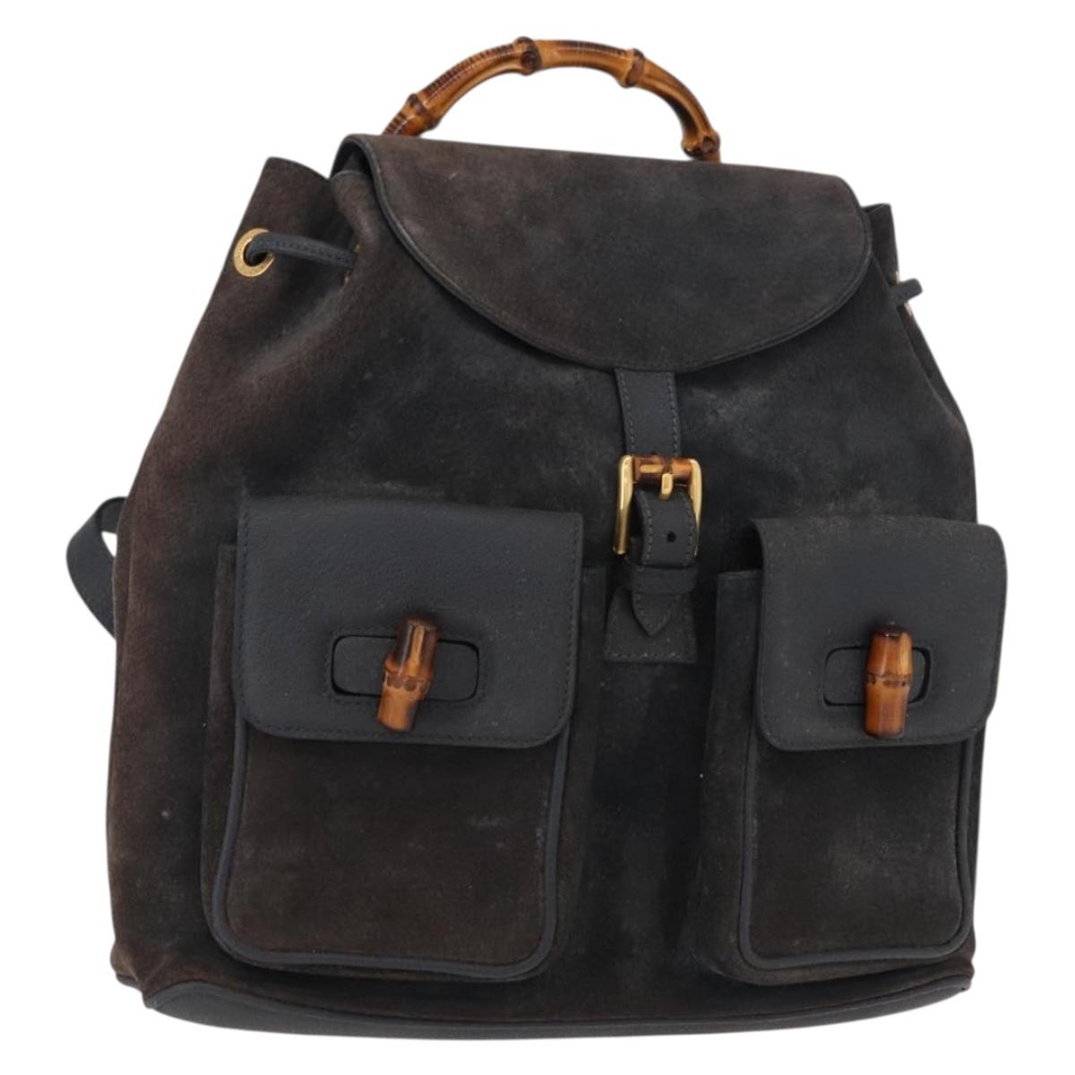 GUCCI Bamboo Backpack Suede Navy Gold 003 2058 0016 Auth 152850