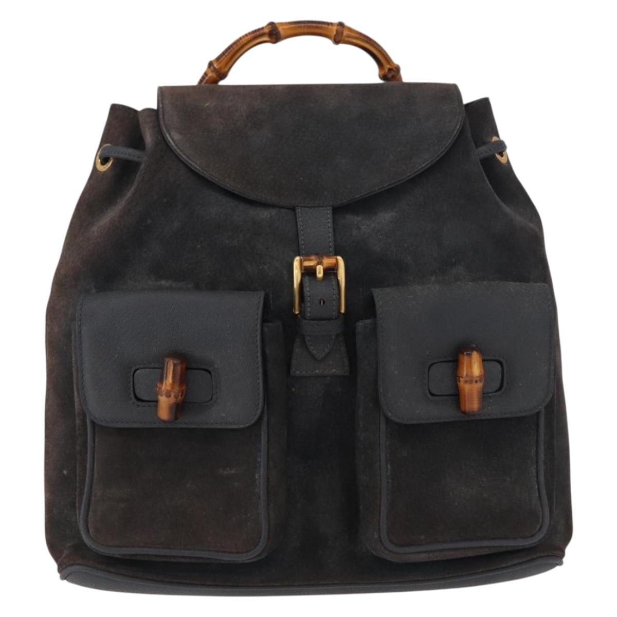GUCCI Bamboo Backpack Suede Navy Gold 003 2058 0016 Auth 152850