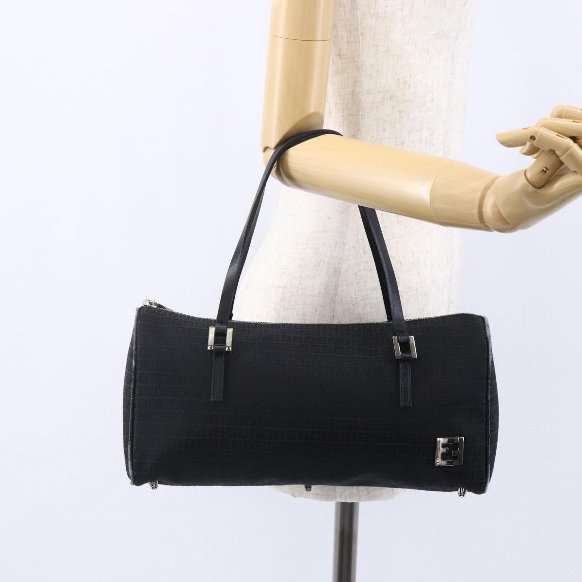 FENDI Zucchino Canvas Hand Bag Black Silver Auth 152852