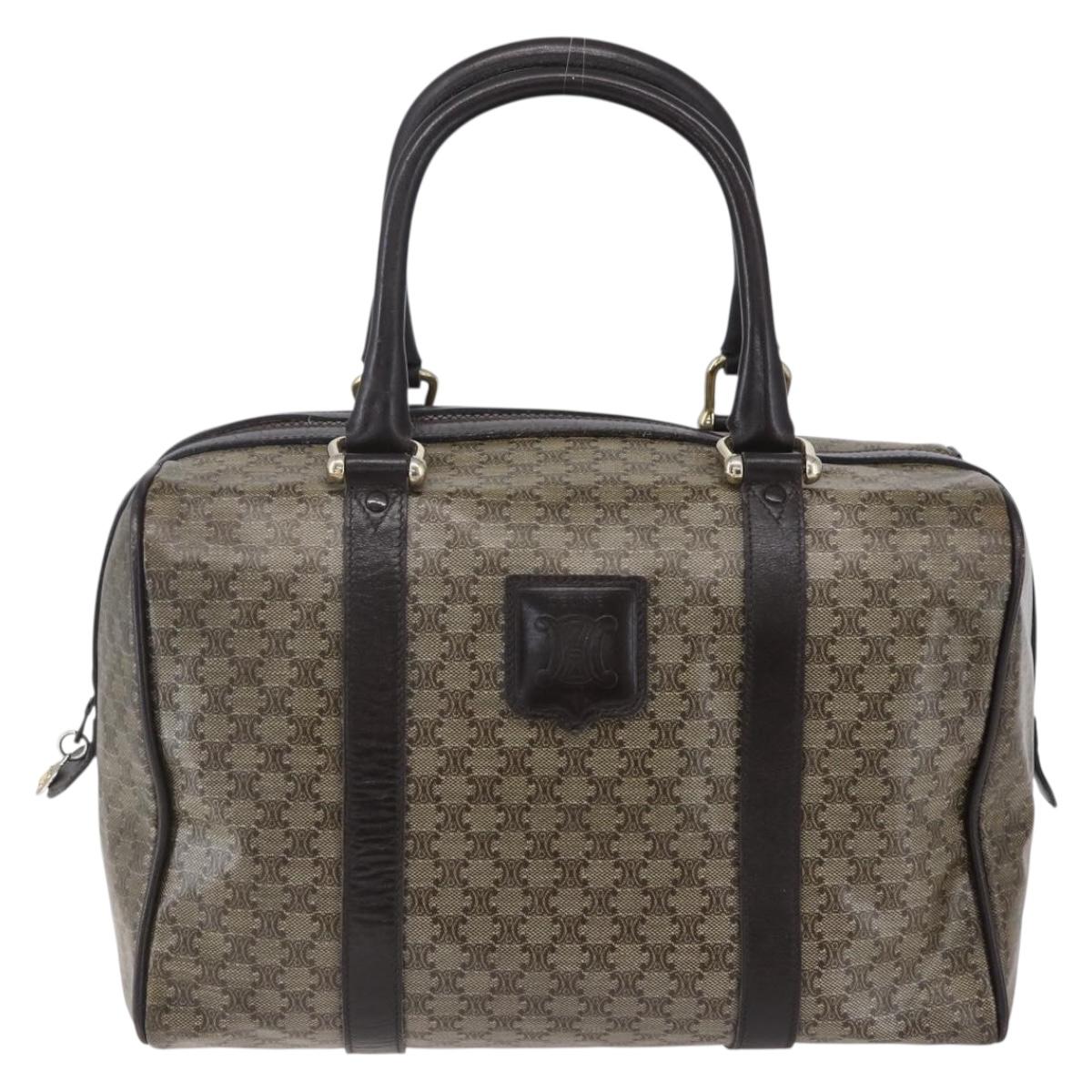 CELINE Macadam Canvas Hand Bag PVC Beige Dark Brown gold Auth 152874