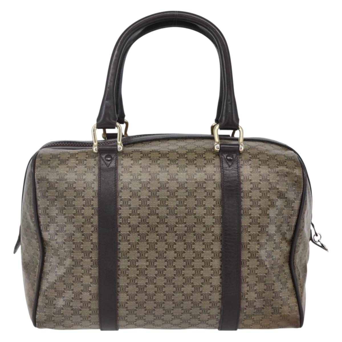 CELINE Macadam Canvas Hand Bag PVC Beige Dark Brown gold Auth 152874