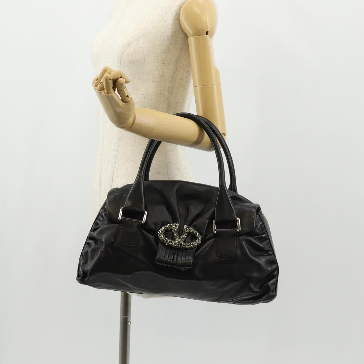 VALENTINO Hand Bag Leather Black Silver Auth 152881A