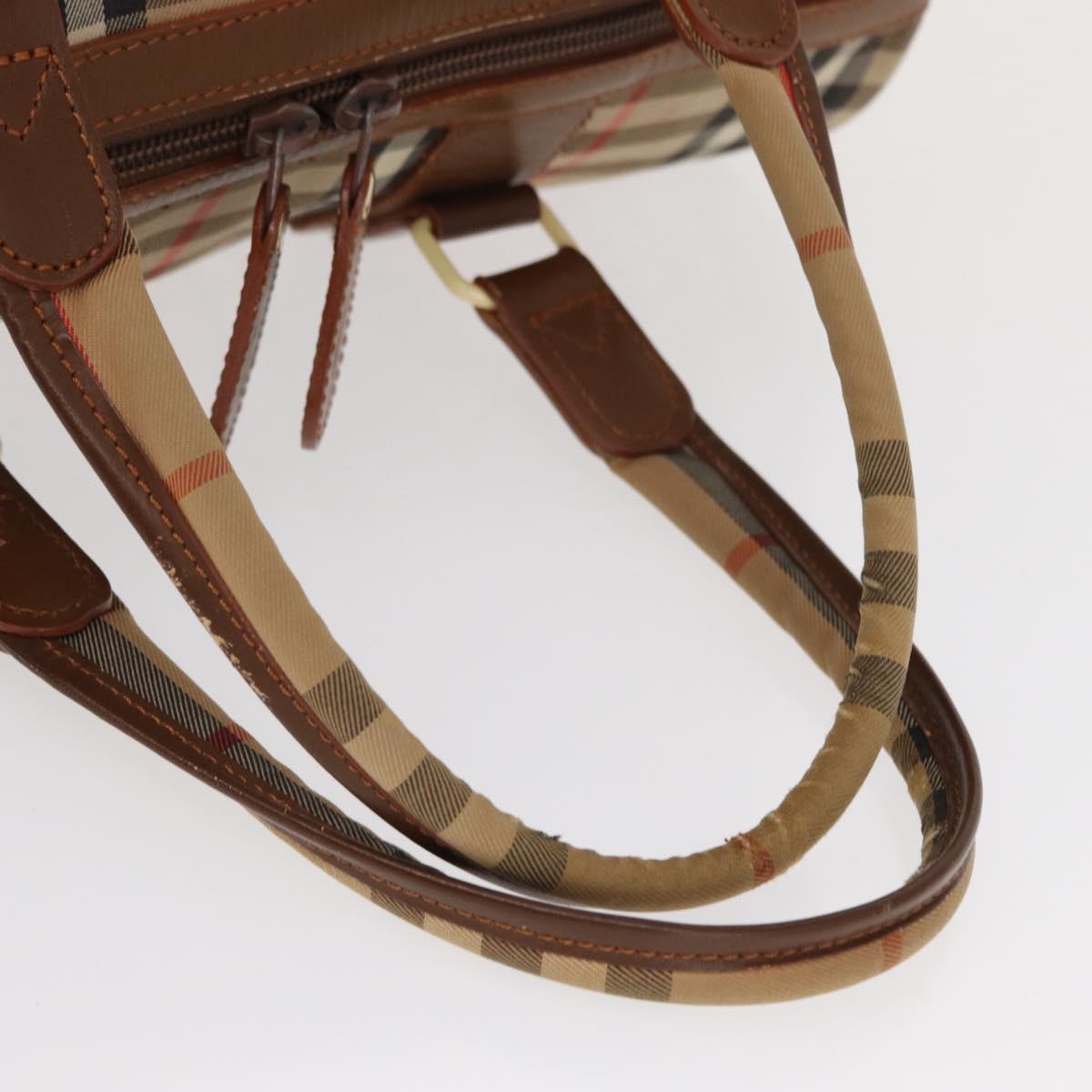 Burberrys Nova Check Boston Bag Canvas Leather Gold Beige Auth 152887