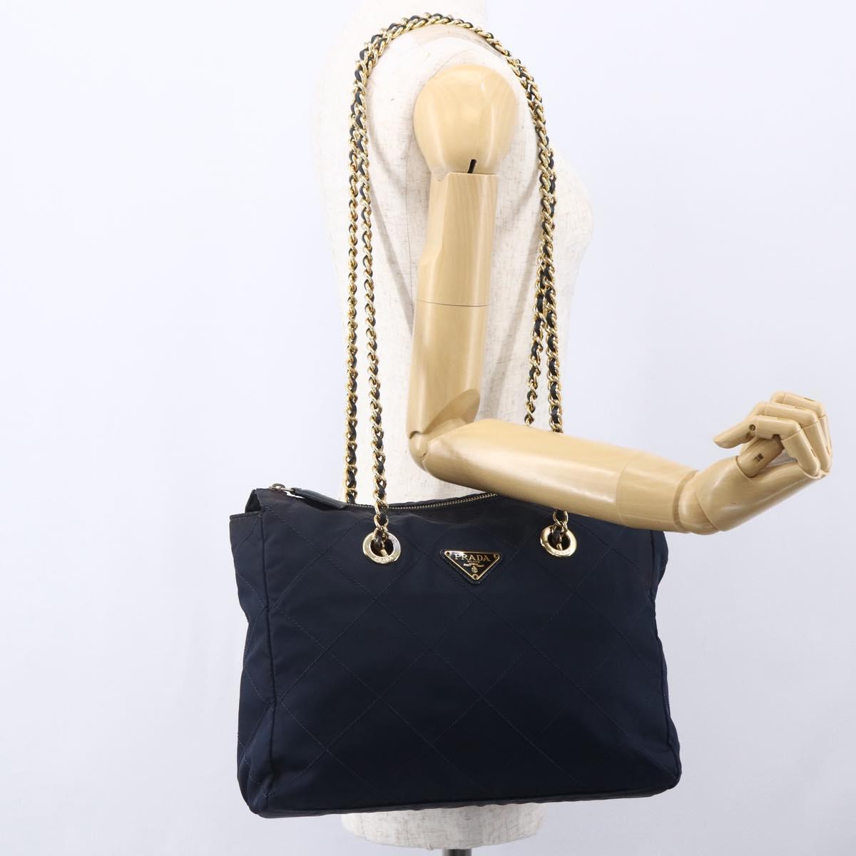 PRADA Chain Shoulder Bag Nylon Navy Gold Auth 152893